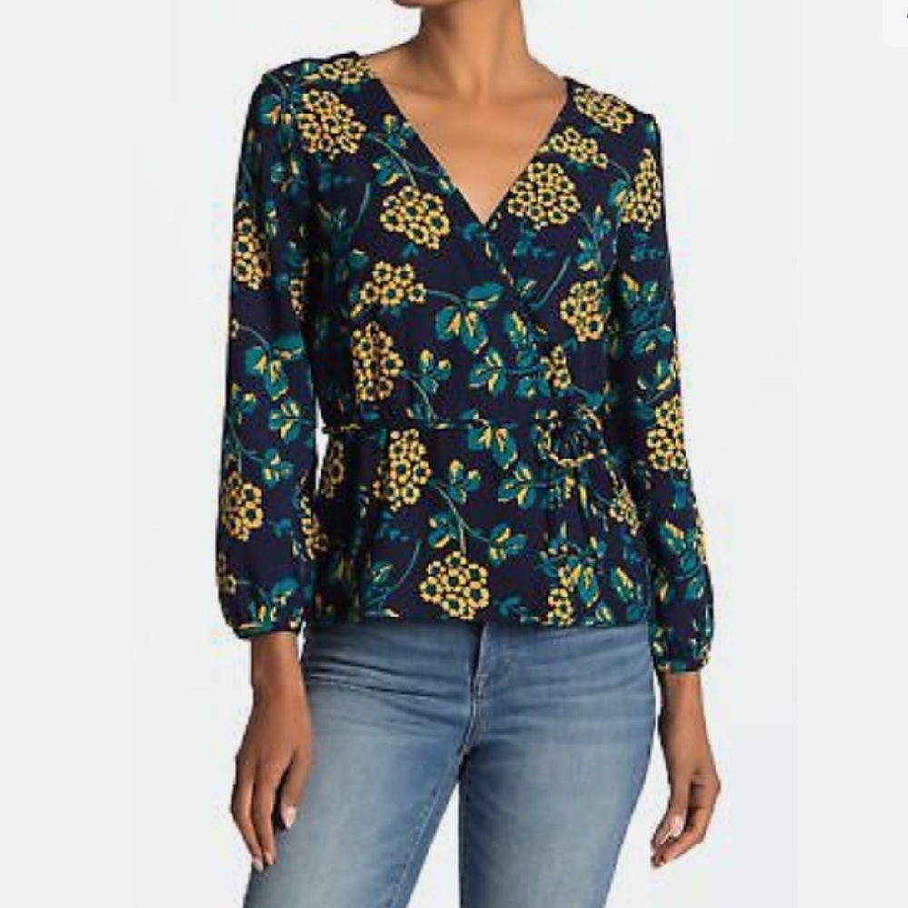 J Crew Womens Navy Blue Yellow Floral Print Faux Wrap Top Blouse Size
